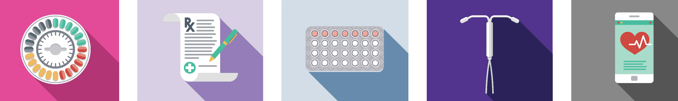 Illustrated icons picture birth control pills, a presciption, birth control pills in a different packaging, an IUD and a health app on a cell phone.