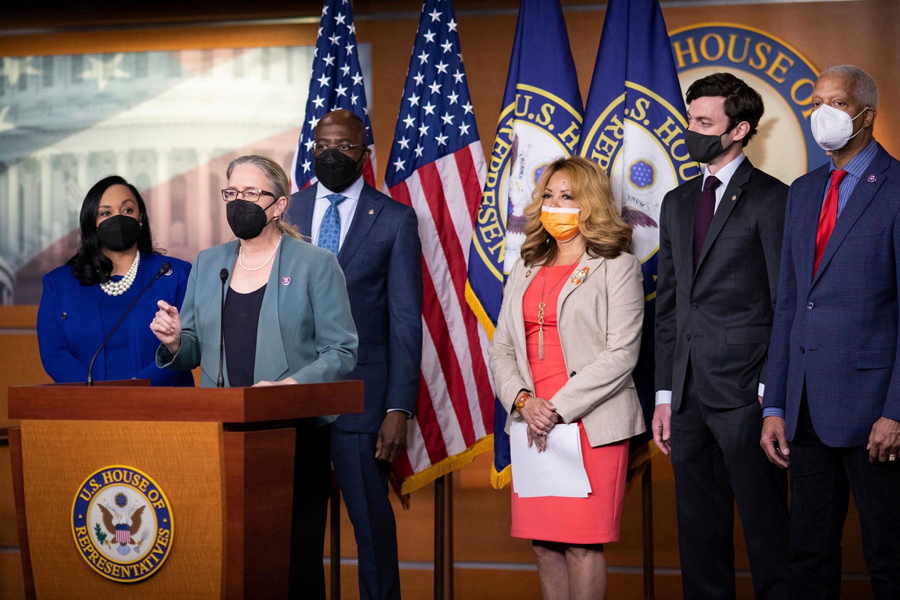 Rep. Carolyn Bourdeaux and Rep. McBath at a press conference at the U.S. Capitol.