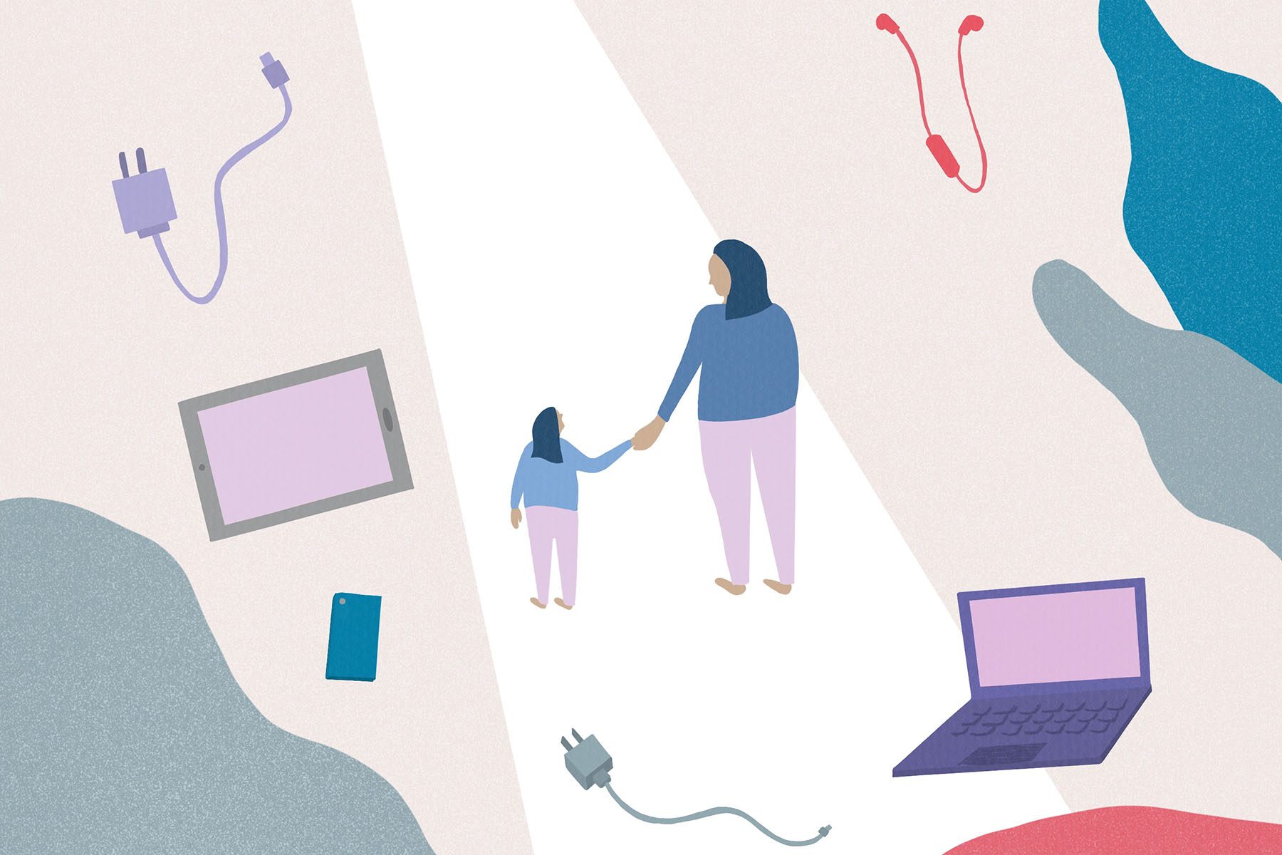 Illustration of a mother and child holding hands and looking at each other, they are walking down a path and surrounded by tablets, computers and different chords and plugs.