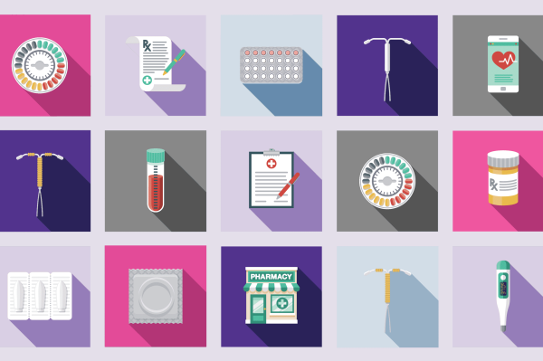 Illustrated icons including birth control pills, IUDs, a condoms, pharmacy prescription notes, a health app on a cell phone and a blood sample in a small vial.
