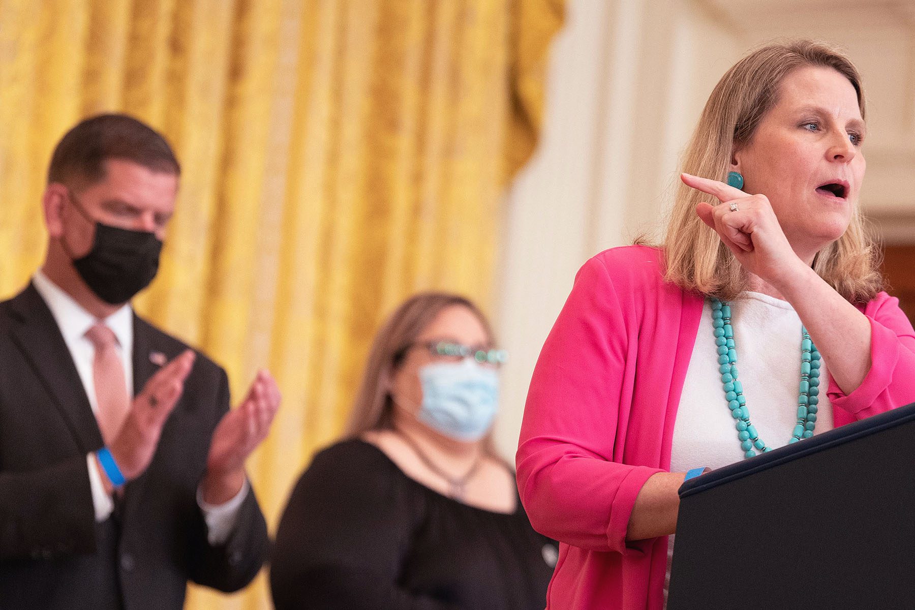 Liz Shuler speaks during a White House event.