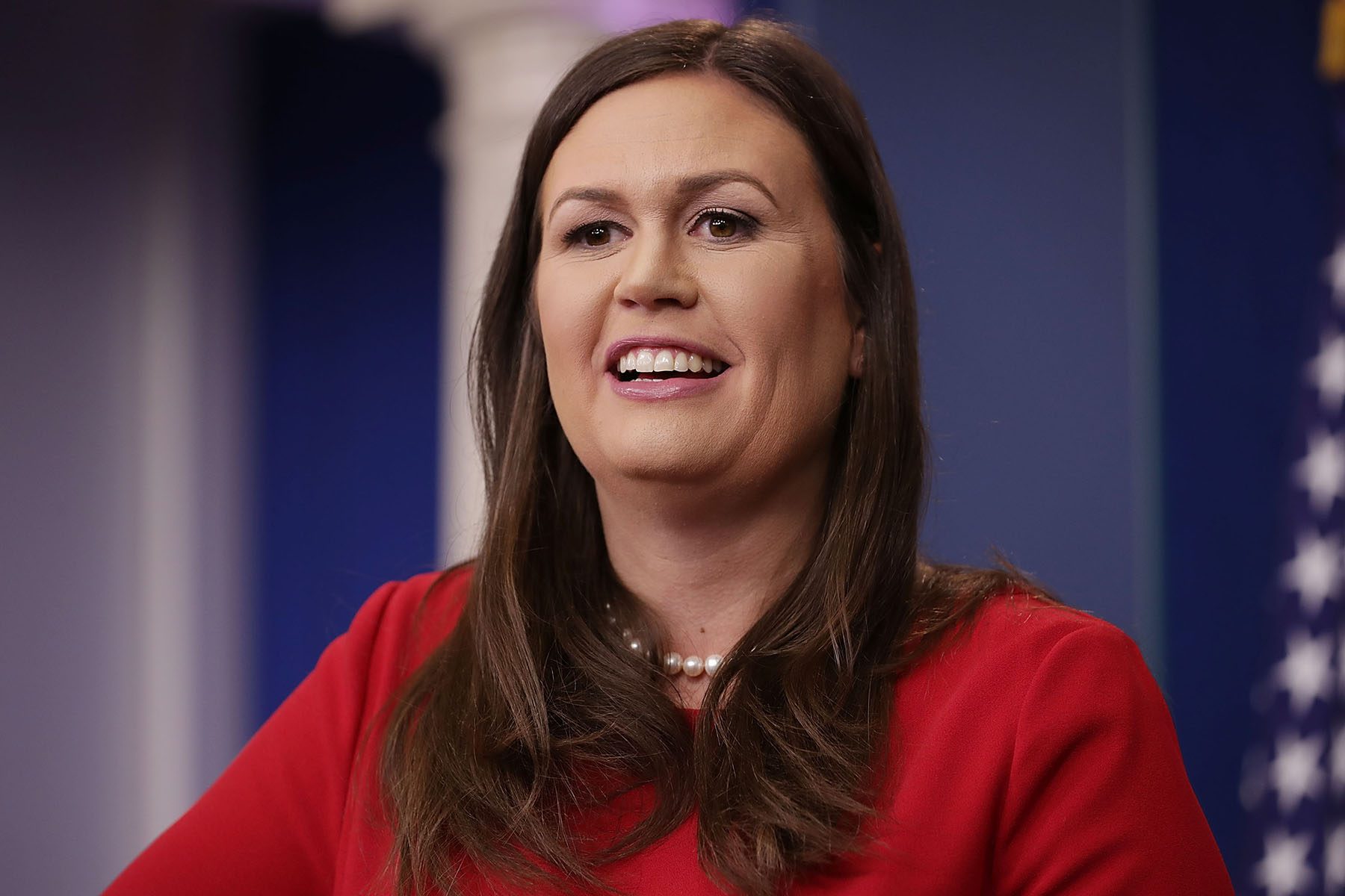 Secretary Sarah Huckabee Sanders calls on reporters during the daily news conference in the Brady Press Briefing Room at the White House in 2017.