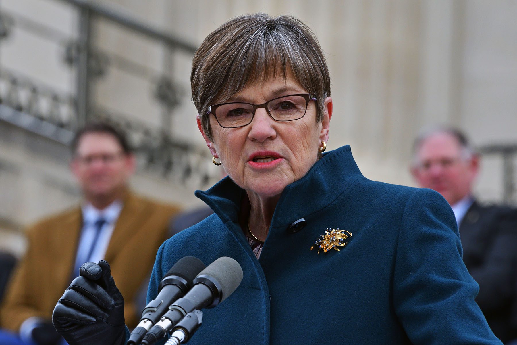 Laura Kelly delivers her inaugural speech from the front steps of the Kansas State Capitol building.