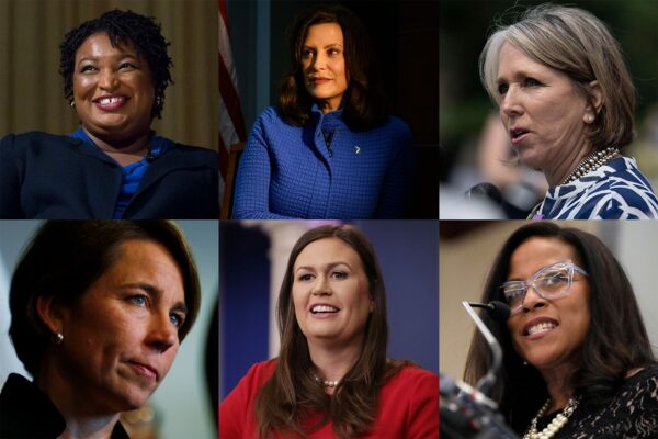 A collage of pictures of candidates Stacey Abrams, Gretchen Whitmer, Michelle Lujan Grisham, Maura Healey, Sarah Huckabee Sanders and Mia McLeod.
