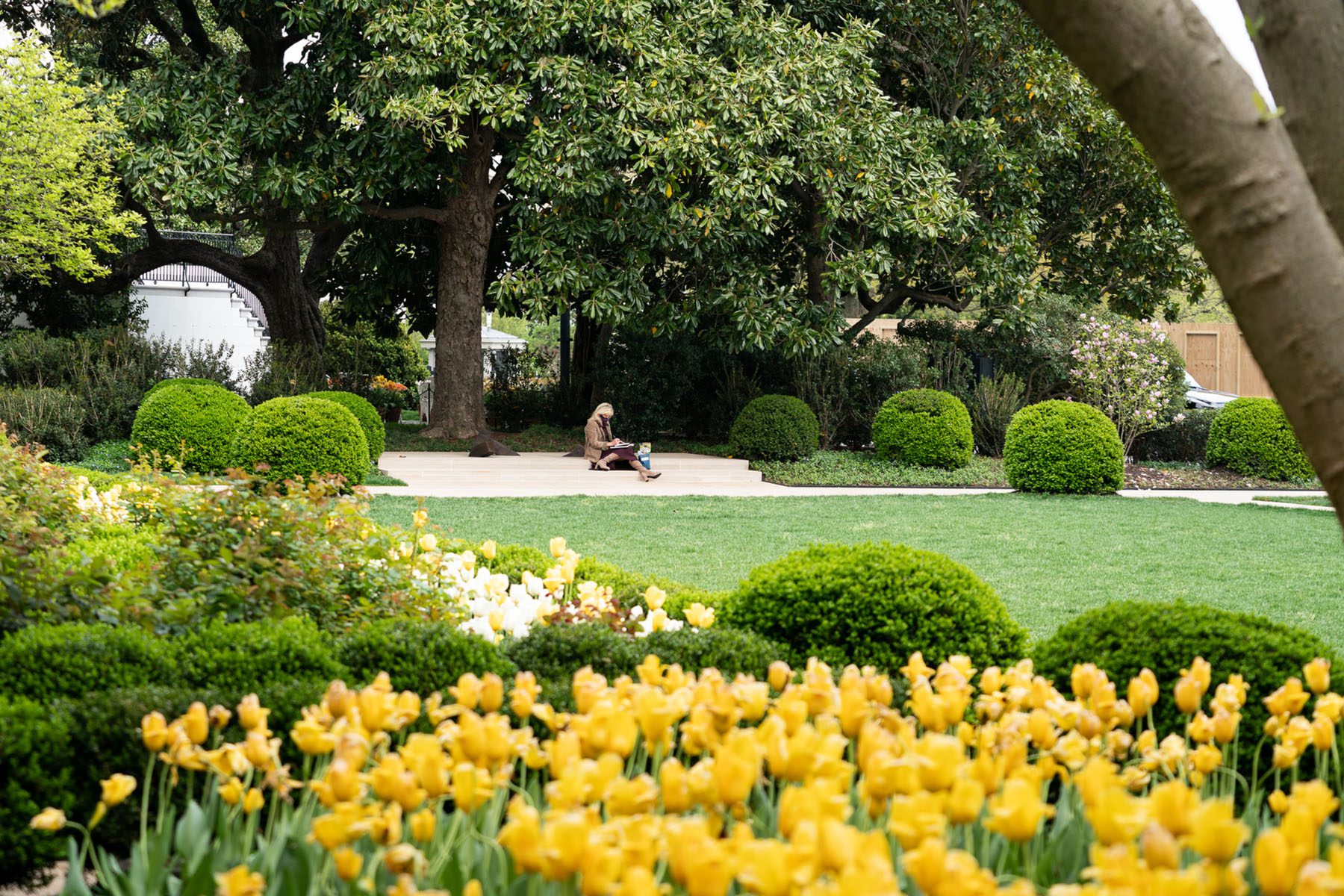 Jill Biden sits on a stair while she grades papers in the Rose Garden at the White House.