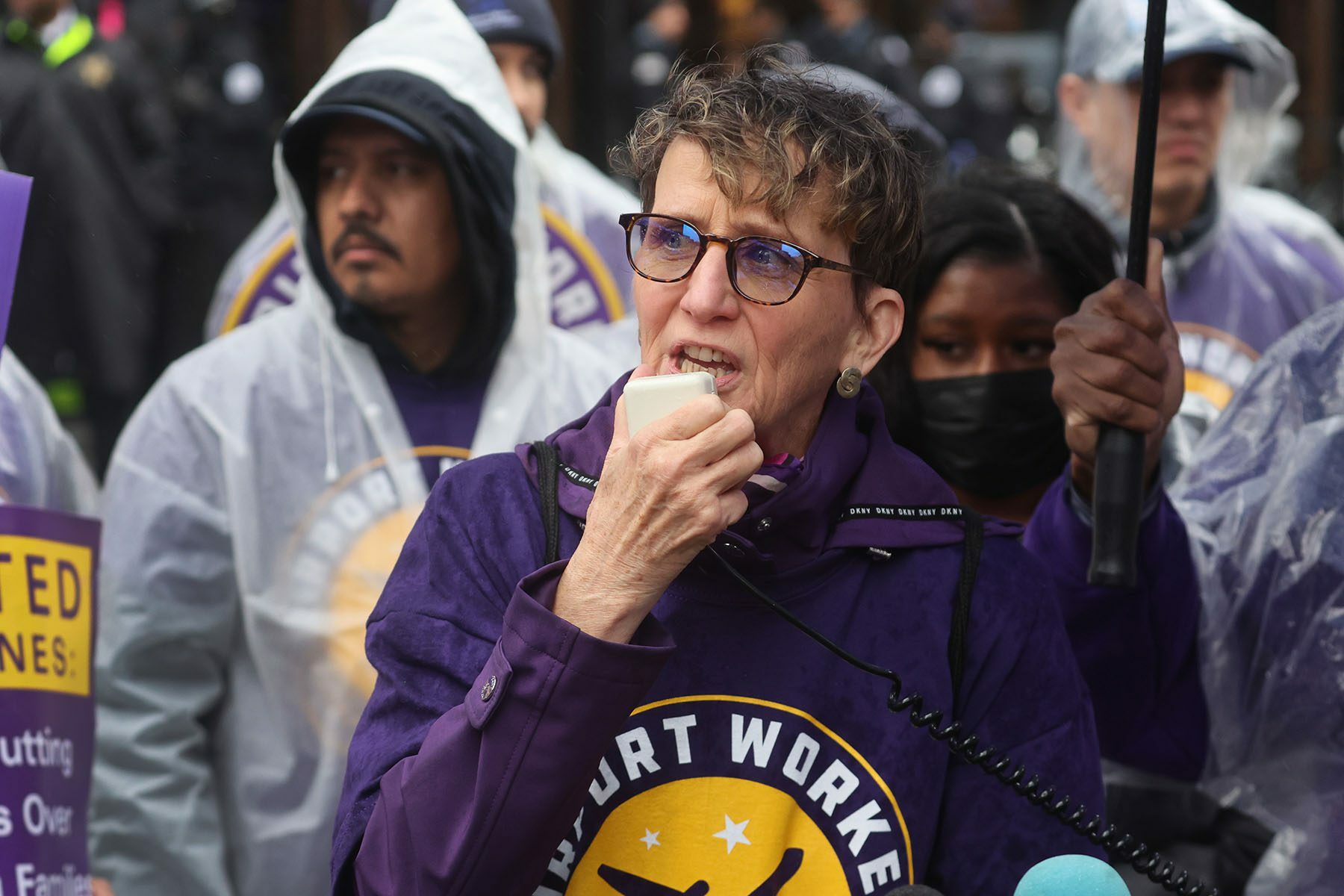 Mary Kay Henry speaks to workers at a rally outside of the Willis Tower headquarters of United Airlines.