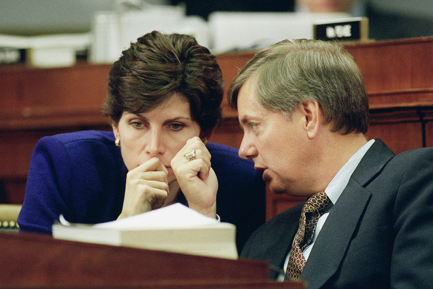 Mary Bono and Lindsey Graham consult with each other during a hearing.