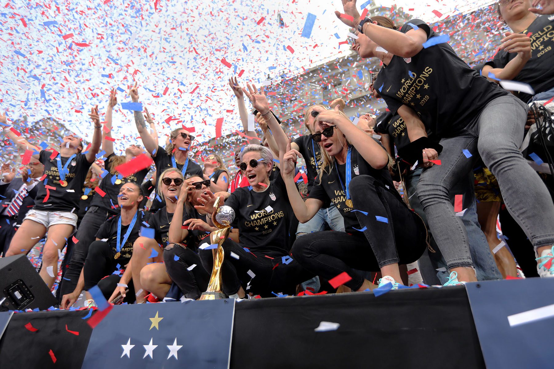 The USA National Women's soccer team celebrate their World Cup victory.