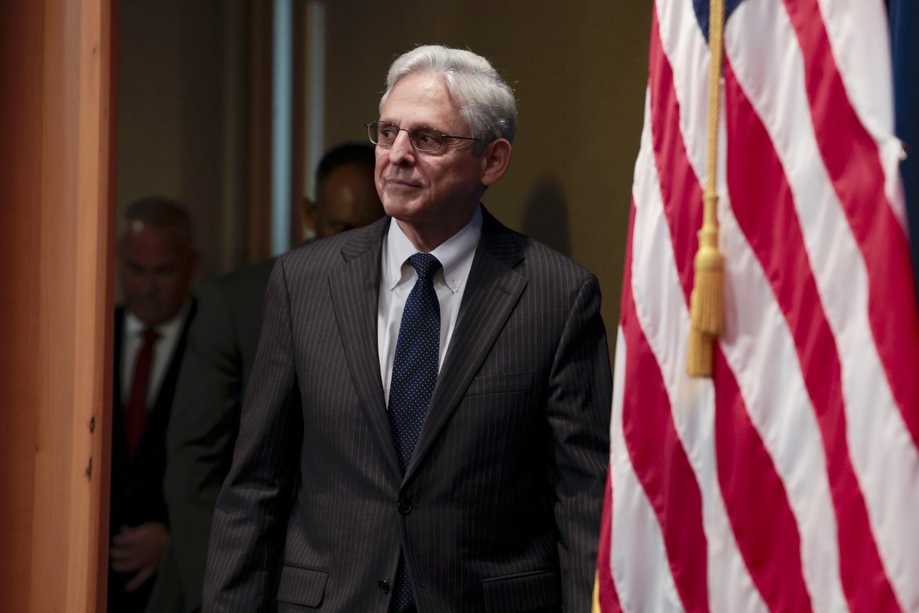 U.S. Attorney General Merrick Garland arrives at a press conference in Washington, D.C.