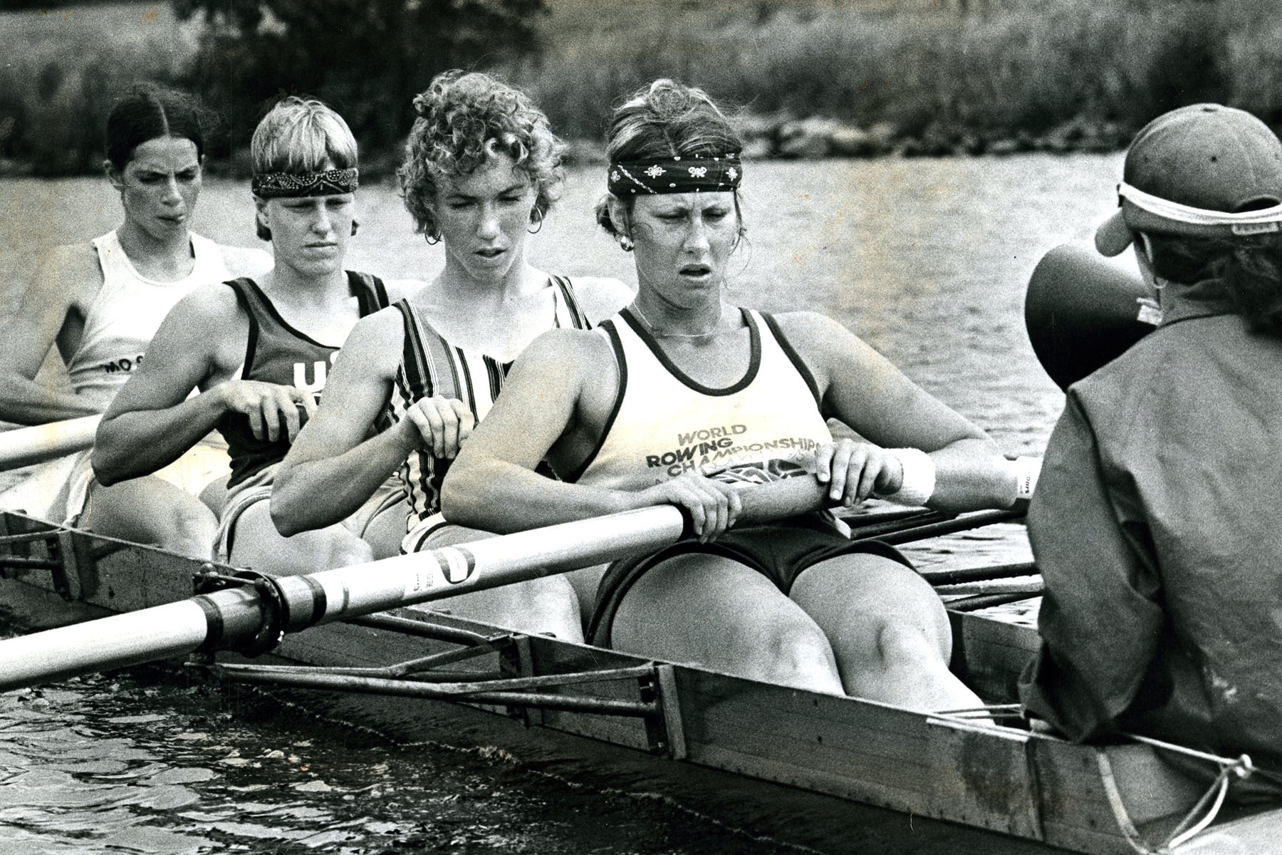 Women on the 1976 Yale University rowing team practice.