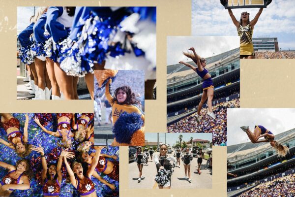 Collage of different images of cheerleaders cheering and performing routines.