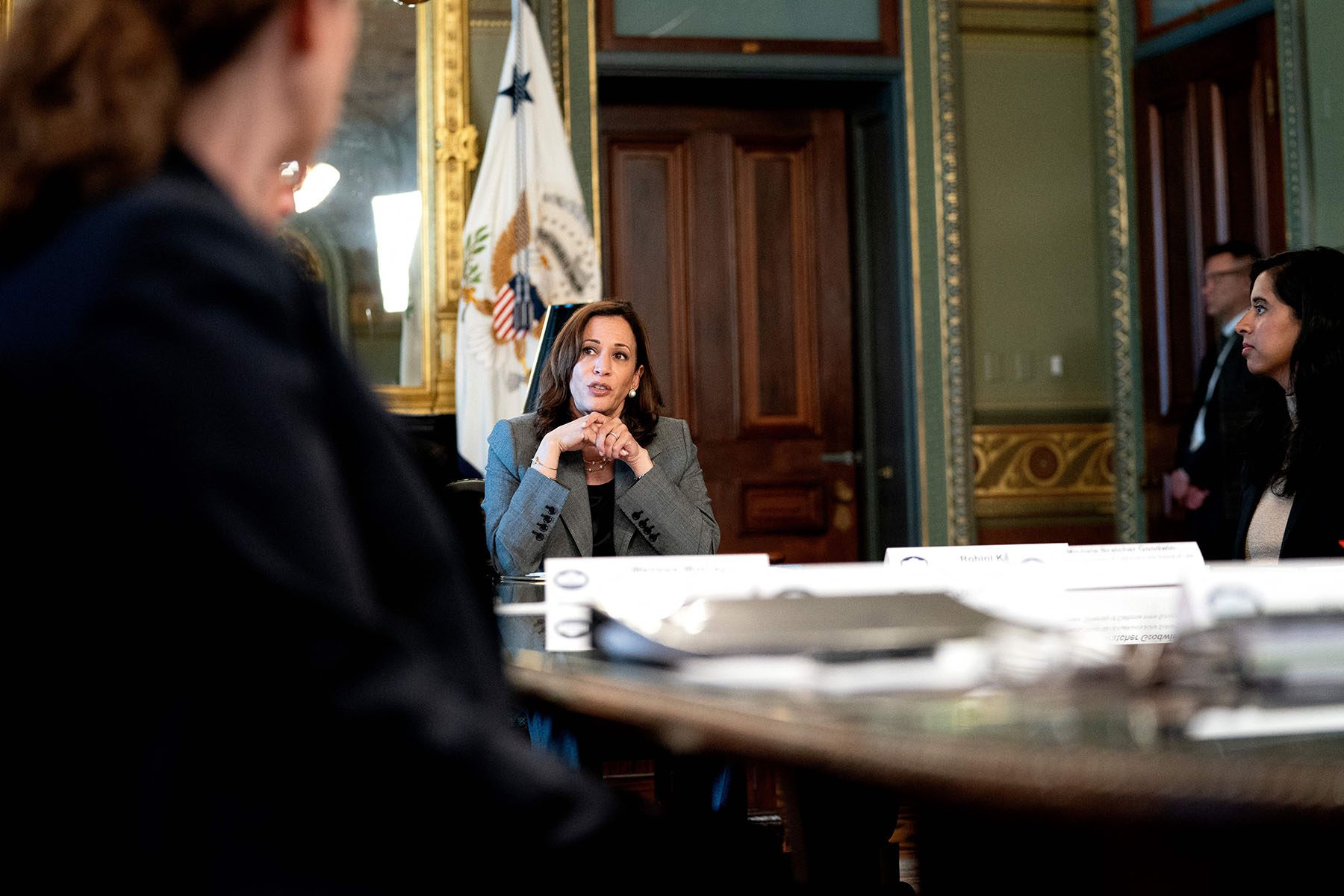 Vice President Harris delivers remarks during a meeting on Roe v Wade.