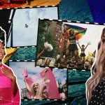 Photo collage featuring images of pride celebrations and cut outs of Beyonce and drag queen Shea Couleé..