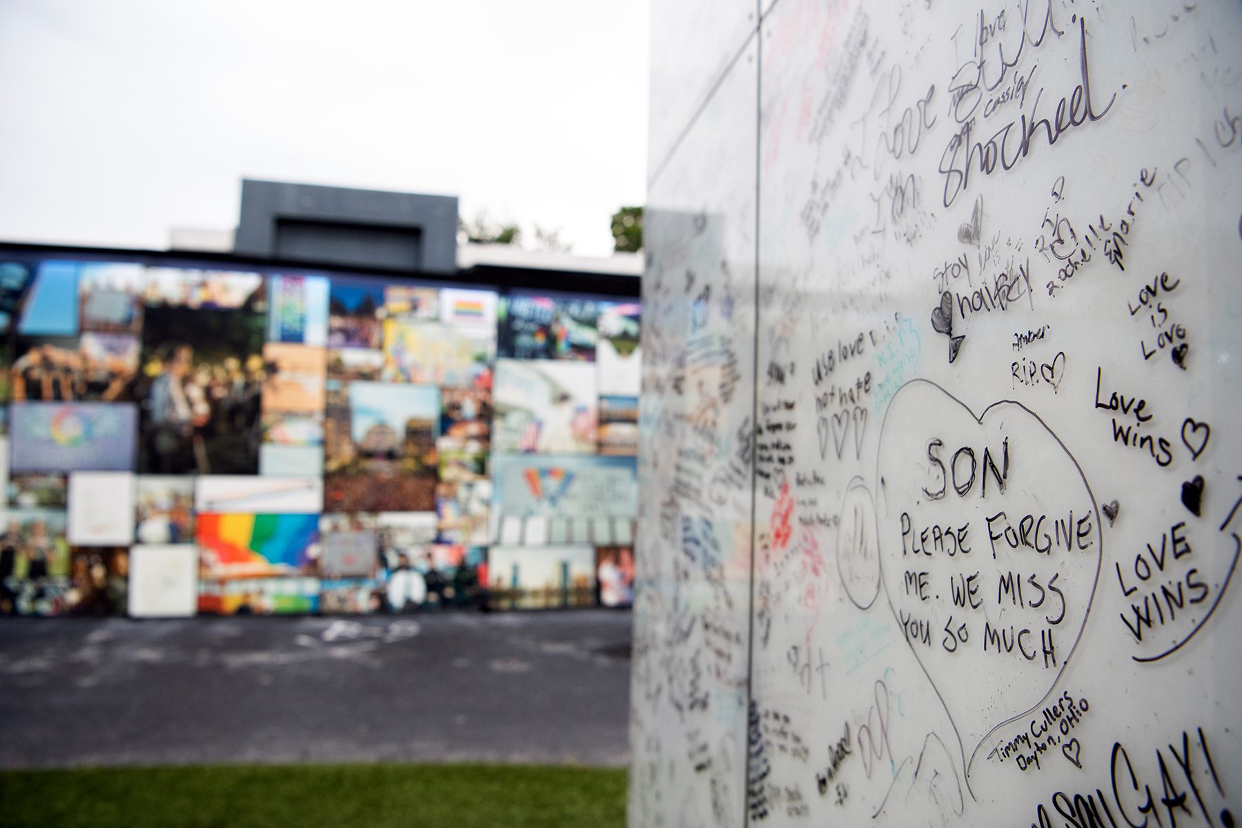 A panel is seen at the Pulse Memorial on which people have left messages such as "Son please forgive me. we miss you so much."