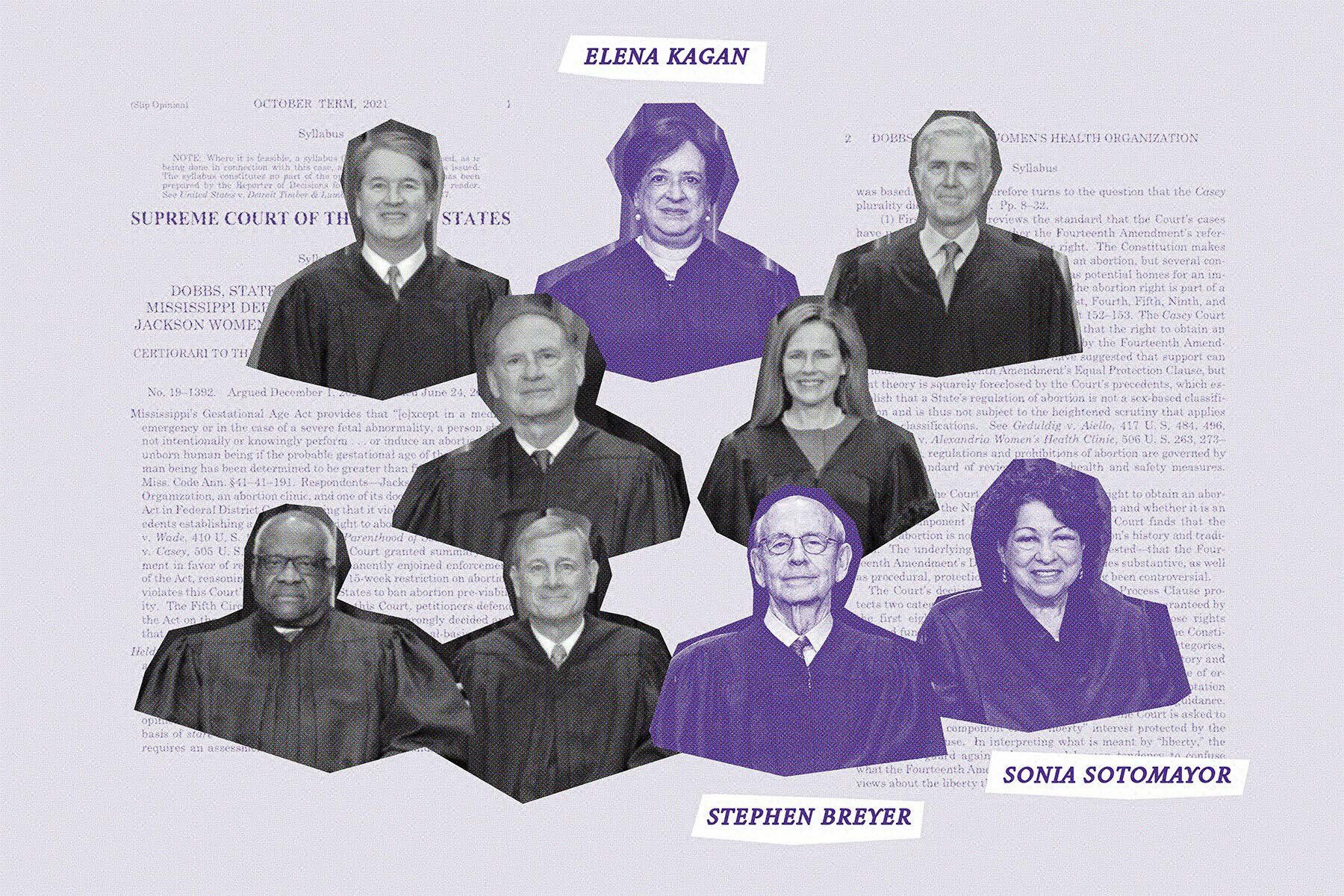 Photo illustration of Supreme Court justices with the writers of the Dobbs dissent emphasized