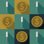 Illustration composed of dollar icons, tampon icons and baby bottle icons in different colors.