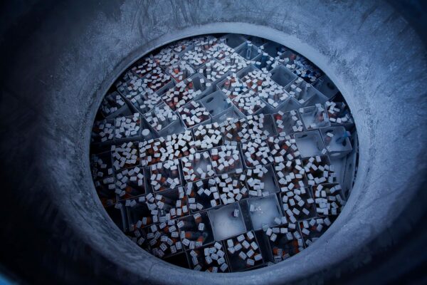 Vials of donor sperm frozen by liquid nitrogen in a holding tank.