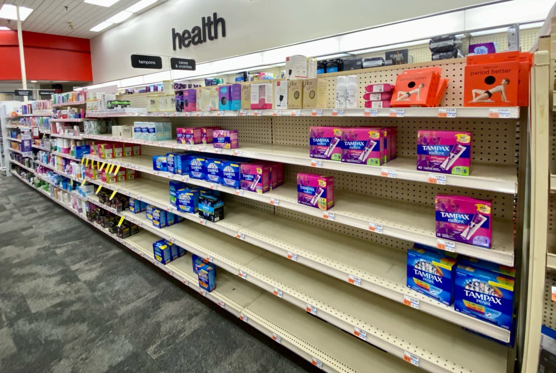 tampon shortage drugstore shelf