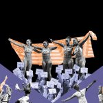 A collage of images of female athletes, Title IX protesters and two column on which the dates 1972 and 2022 are featured.
