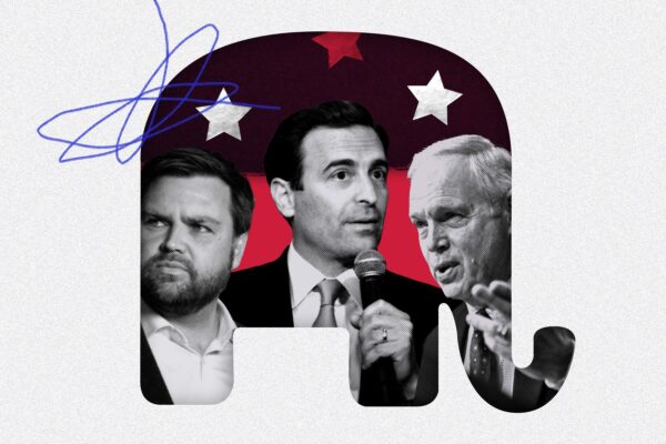 Collage of Adam Laxalt, Ron Johnson and JD Vance inside a silhouetted elephant.