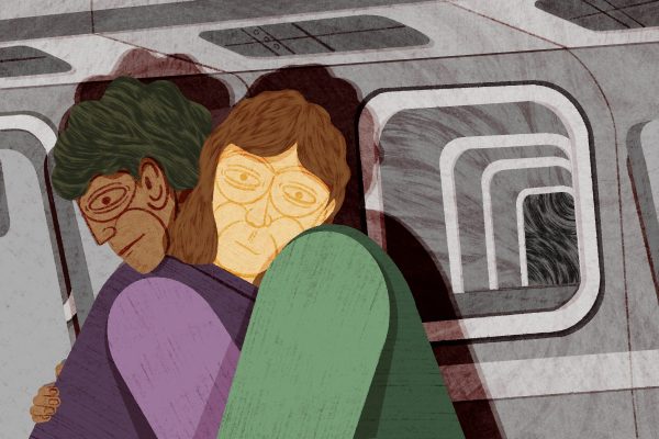 In this illustration, two people hug each other. In the background, a window reminiscent of an airplane or train window is seen. The window seems to be closing. The shadows in the picture are heavy and evoke a feeling of unease and uncertainty.