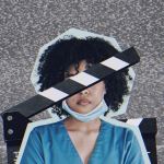 Collage of a caregiver in which their eyes are covered by a director's clapboard.