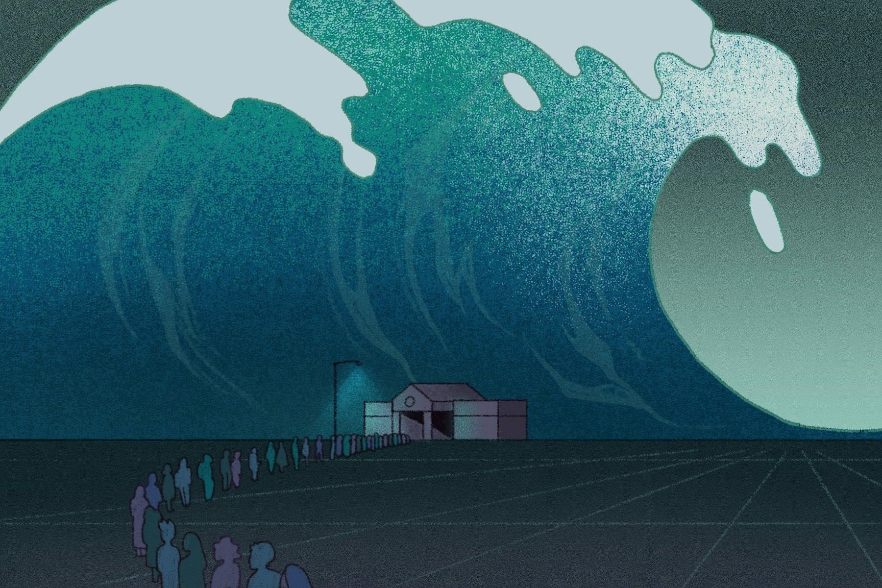 In this illustration, people wait in a very long line to enter an abortion clinic in the distance. In the background, a massive wave is seen about to crash onto the clinic.