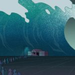 In this illustration, people wait in a very long line to enter an abortion clinic in the distance. In the background, a massive wave is seen about to crash onto the clinic.