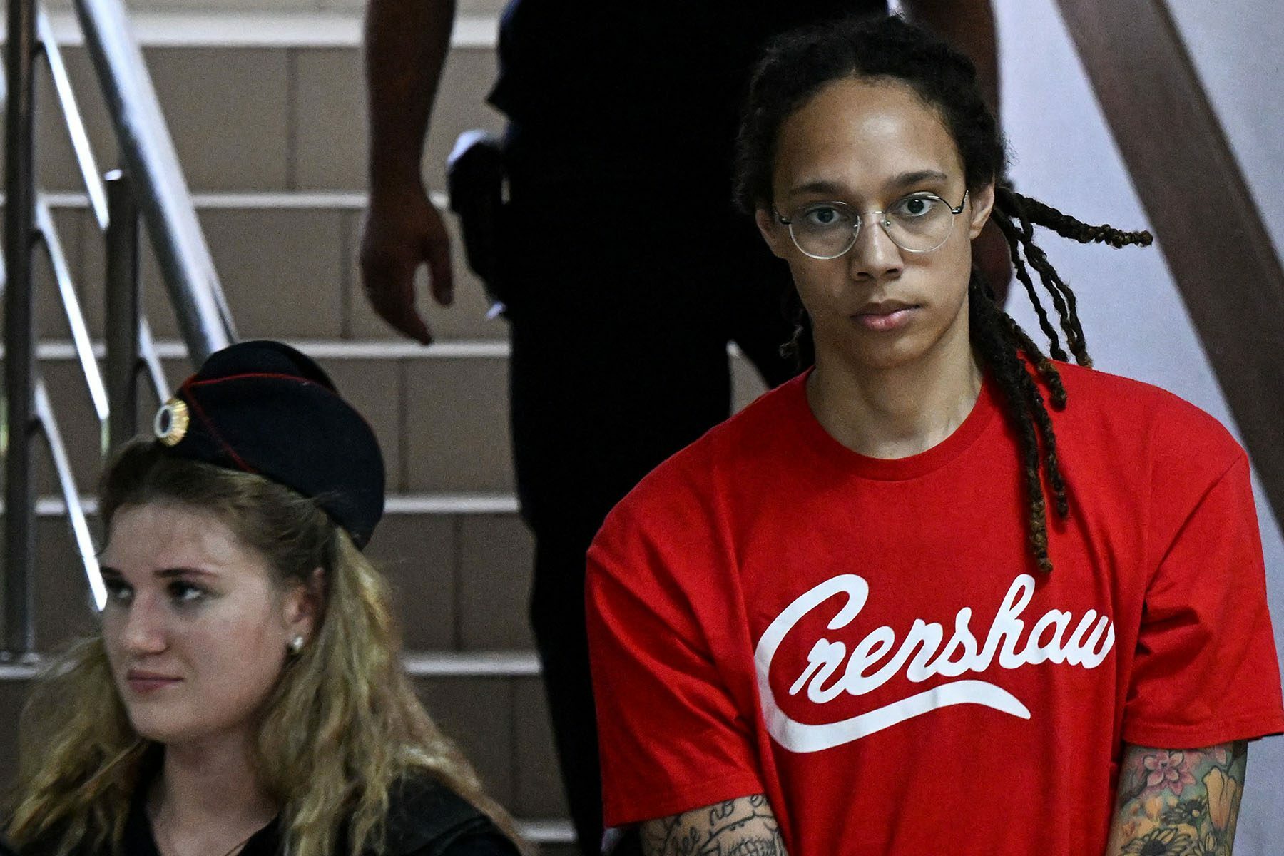 Brittney Griner arrives to a hearing at the Khimki Court.