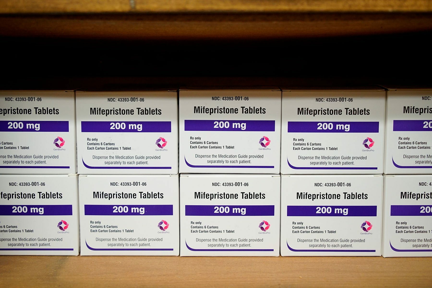 Boxes of the drug mifepristone line a shelf at an Alabama abortion clinic.