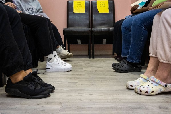 Patients' shoes are seen as they gather in the counseling area of the Jackson's Women's Health Organization