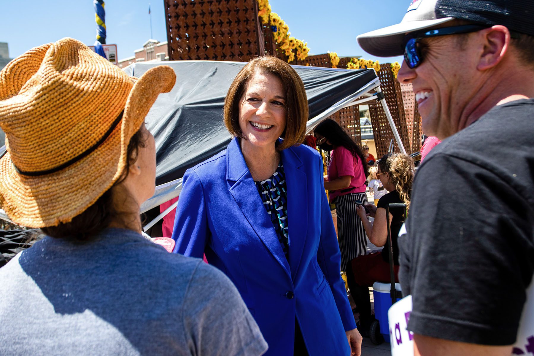 Sen. Catherine Cortez Masto speaks with constituents at an abortion rights rally.