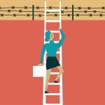 Illustration of a woman carrying a brief case climbing a ladder over a wall with barbed wires on top.