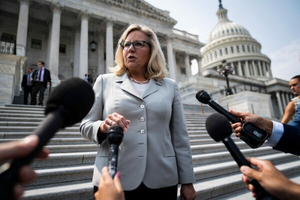 Liz Cheney speaks to media on the steps of the U.S. Capitol.