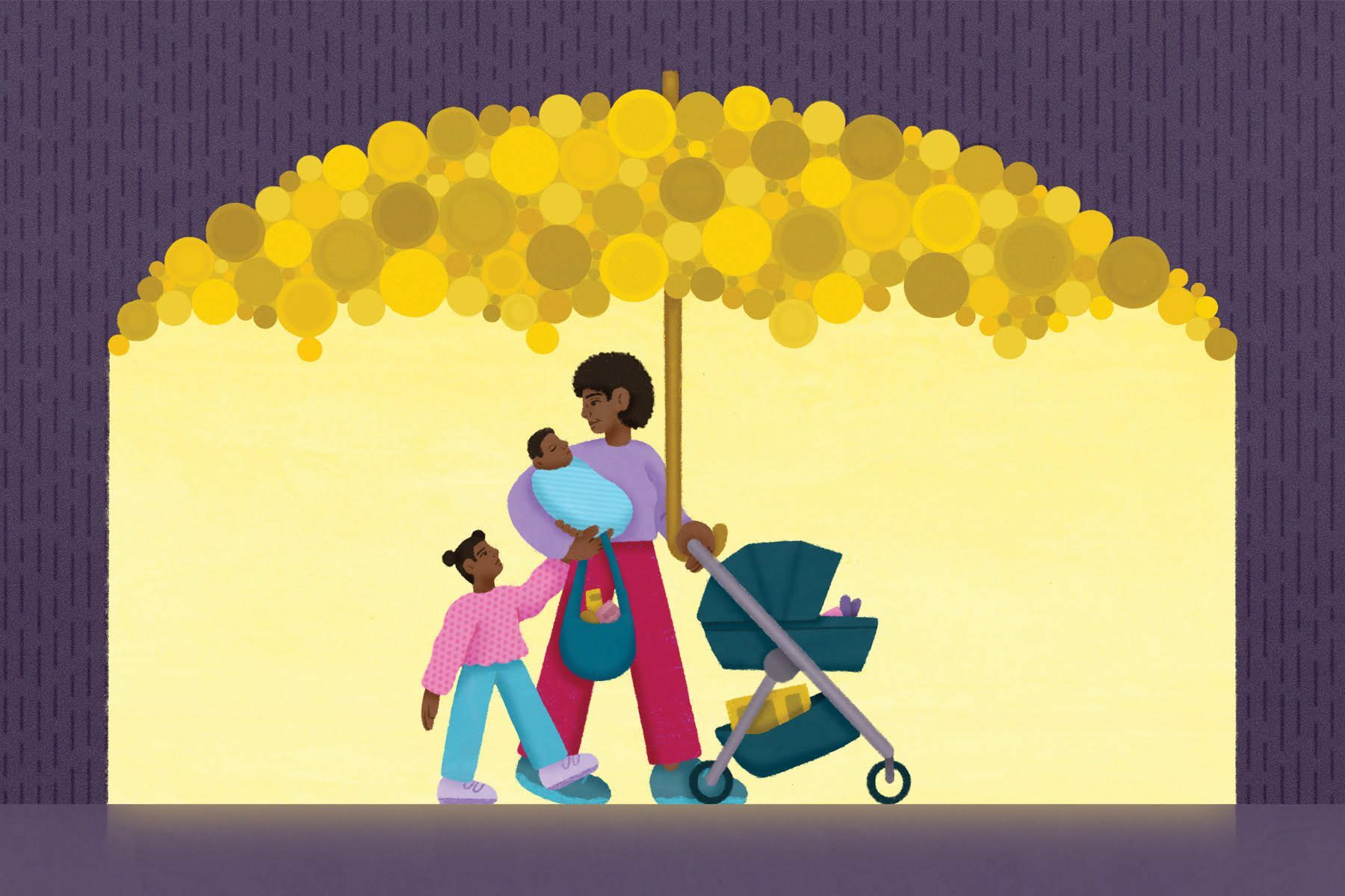 A mother walking with her children underneath an umbrella made of coins.