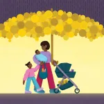 A mother walking with her children underneath an umbrella made of coins.