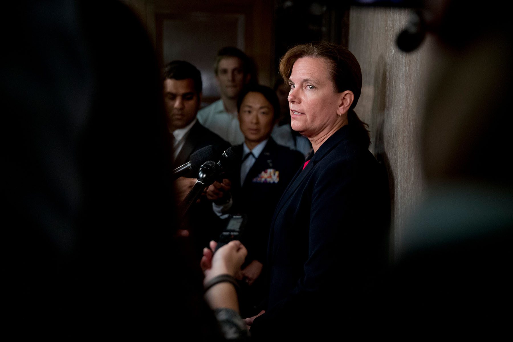 Army Col. Kathryn Spletstoser speaks to members of the media on Capitol Hill.