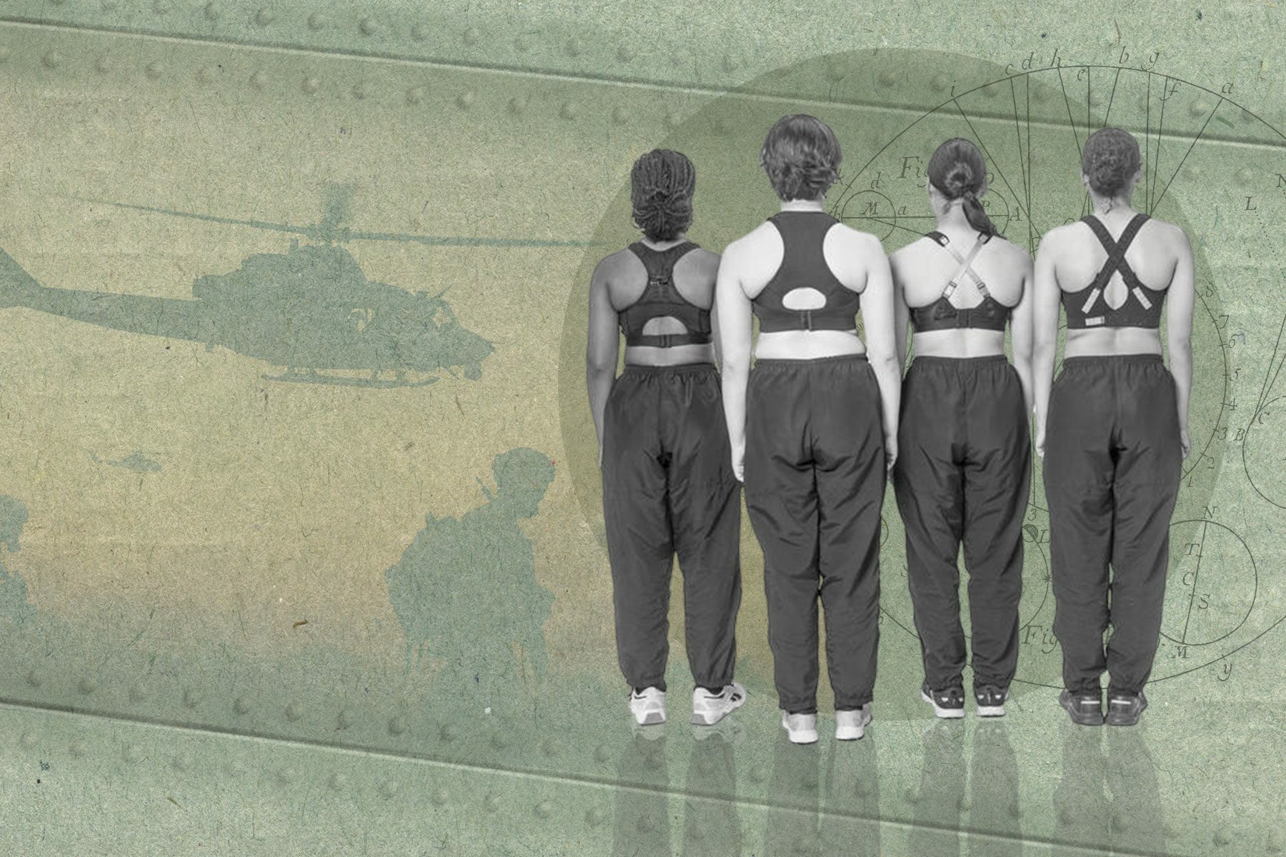 A view of 4 women standing together modeling the new Army tactical bras.