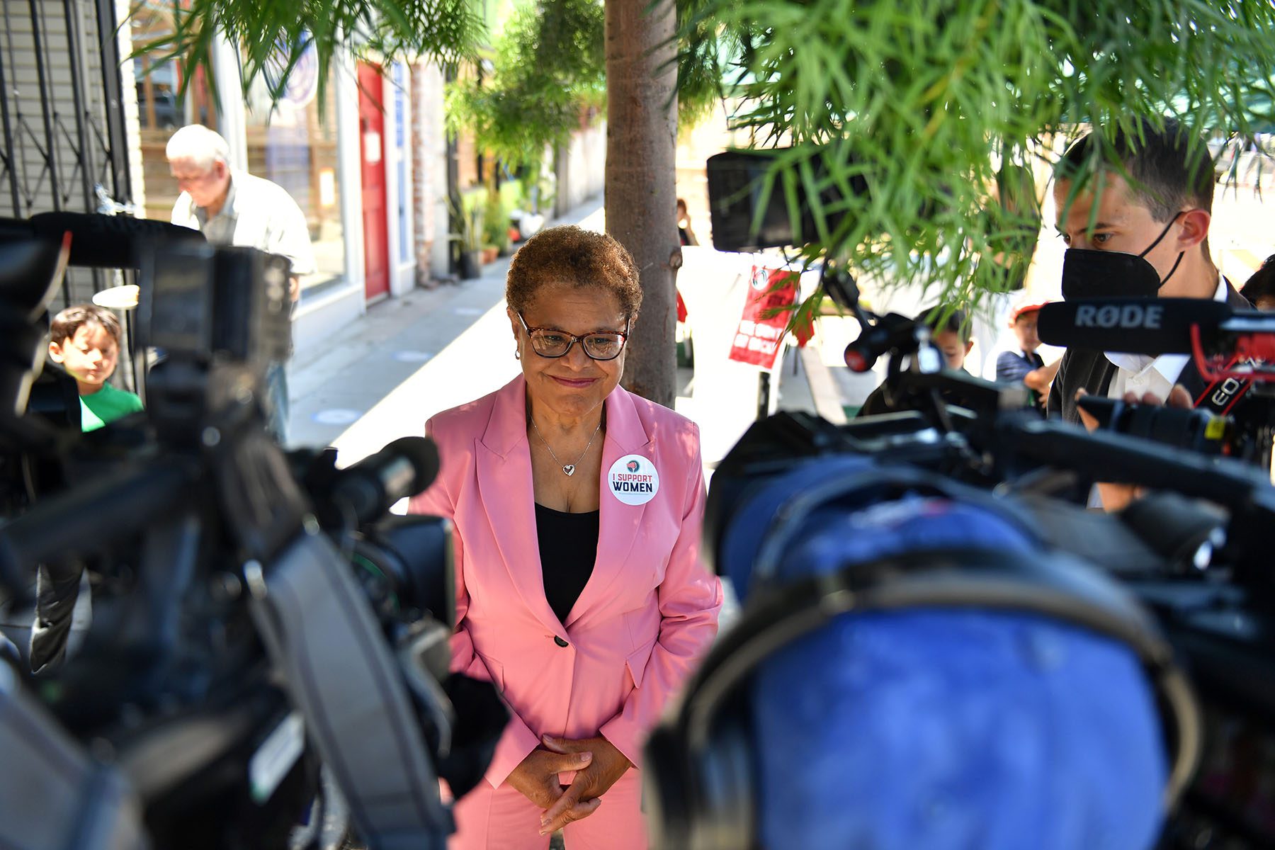 Karen Bass is interviewed by the media at the grand opening celebration of The Women's March Action Headquarters.
