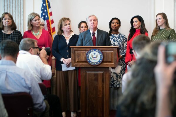 Senator Lindsey Graham speaks beside anti-abortion leaders.