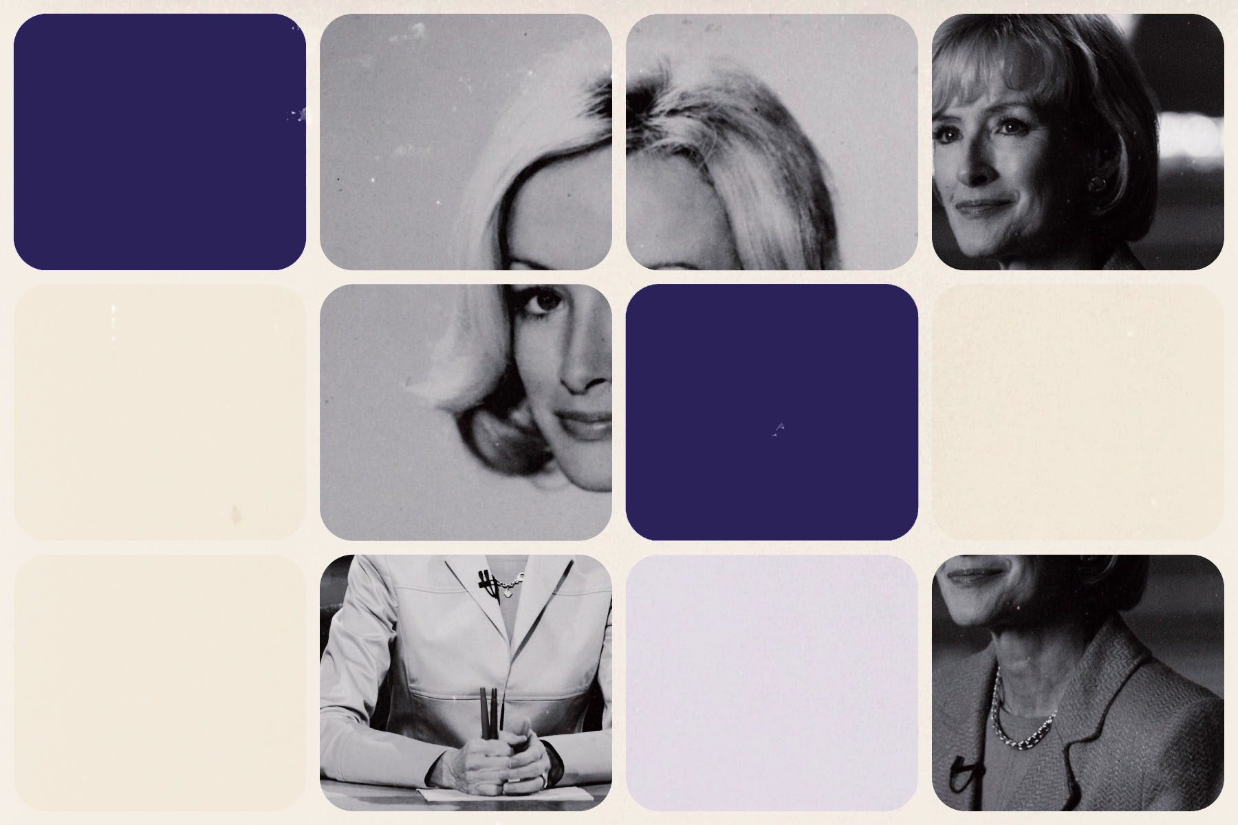 Collage of images of Judy Woodruff throughout her career.