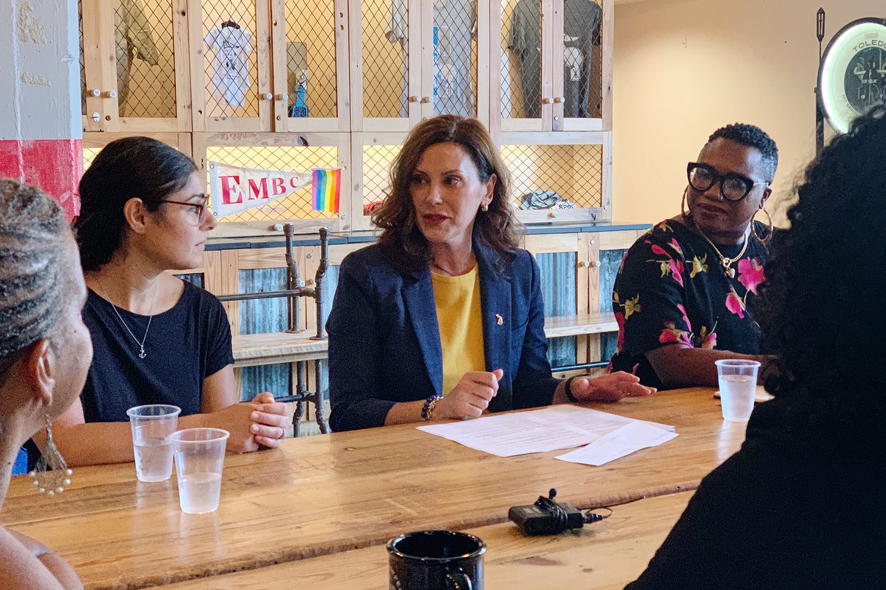Michigan Gov. Gretchen Whitmer talks to women at an abortion round table discussion.