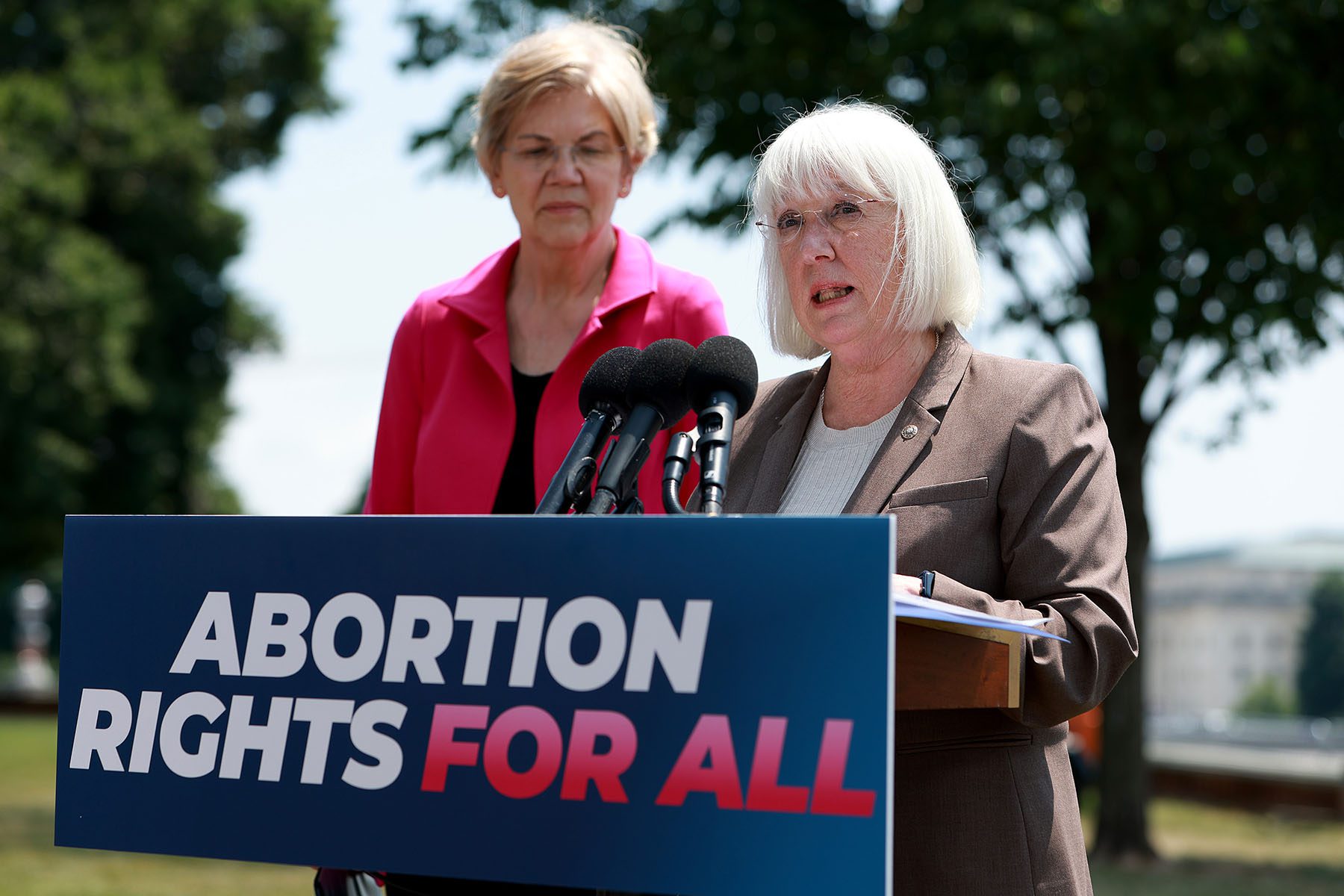 Sen. Elizabeth Warren and Sen. Patty Murray hold a press conference on abortion rights outside the Capitol.