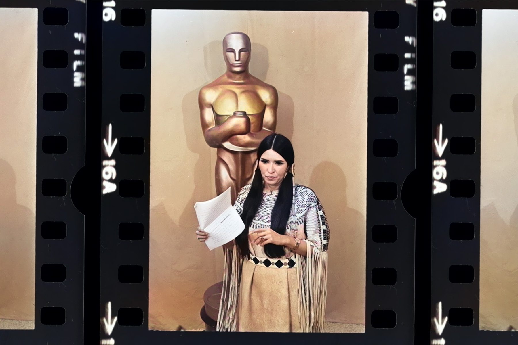 Sacheen Littlefeather holds her speech at the 1973 Oscars.
