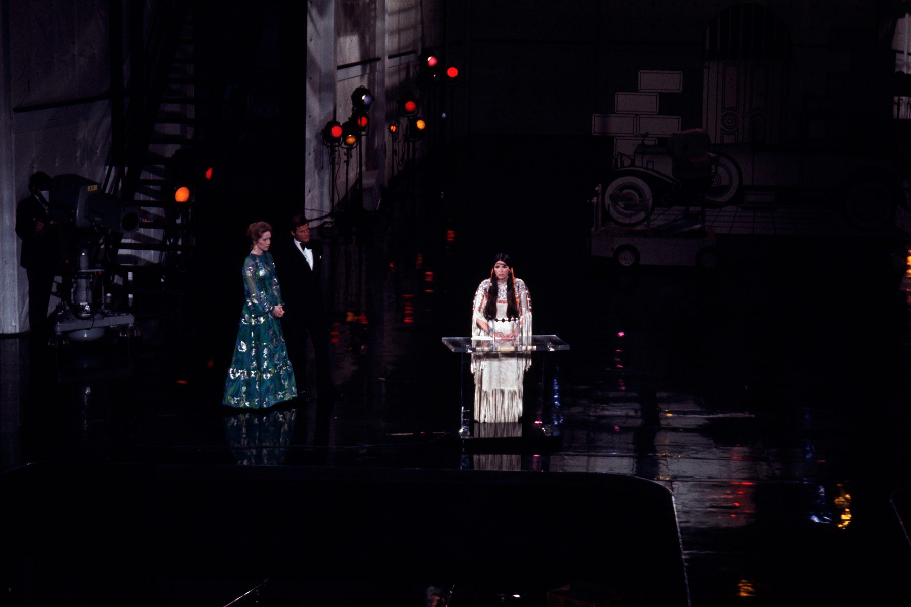 Sacheen Littlefeather on stage at the 45th Oscars.