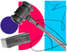 Collage of a black and white gavel with shapes and scribble lines in the background.