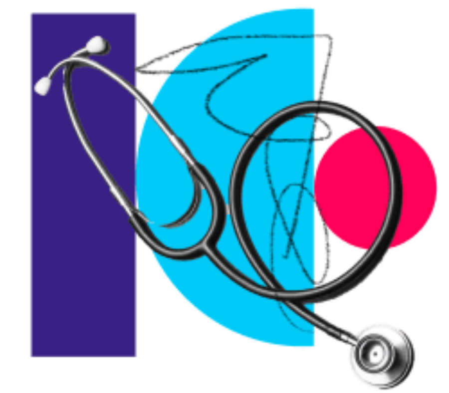 Collage of a black and white stethoscope with shapes and scribble lines in the background.