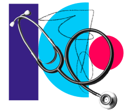 Collage of a black and white stethoscope with shapes and scribble lines in the background.