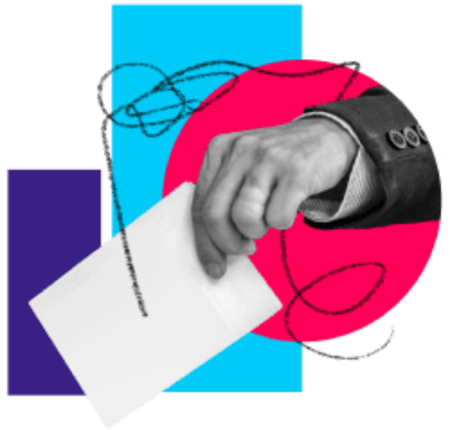 Collage of a black and white hand holding a ballot with shapes and scribble lines in the background.