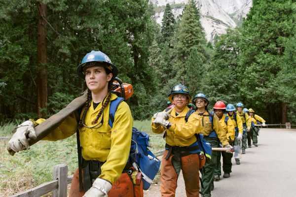 Guadalupe Ruiz, 25, leads an all-women wildland fire crew back to their training center in Yosemite National Park.